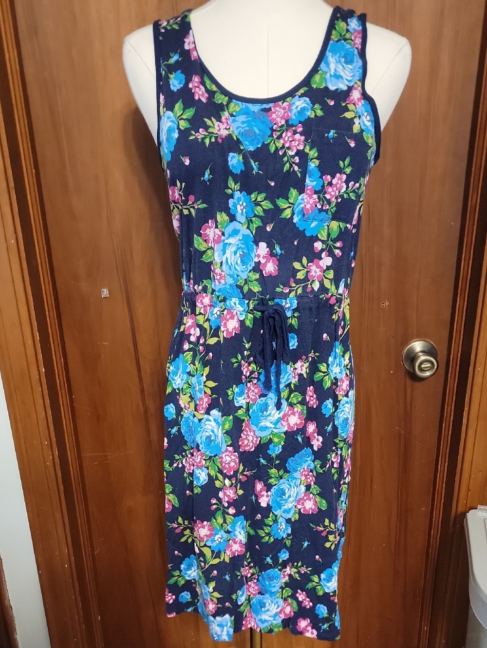 Navy Floral Sleeveless Drawstring Dress